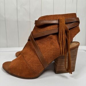 Franco Sarto Fina2 Rust Brown Ankle Boots Peep Toe Heels Western Boho Fringe 10M